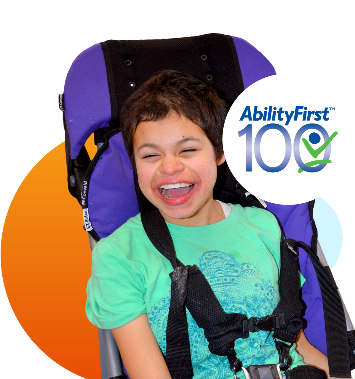 Smiling child in a supportive chair, framed by the AbilityFirst centennial logo