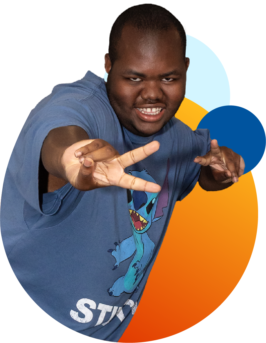 Young adult showing peace signs, framed by circular brand graphics